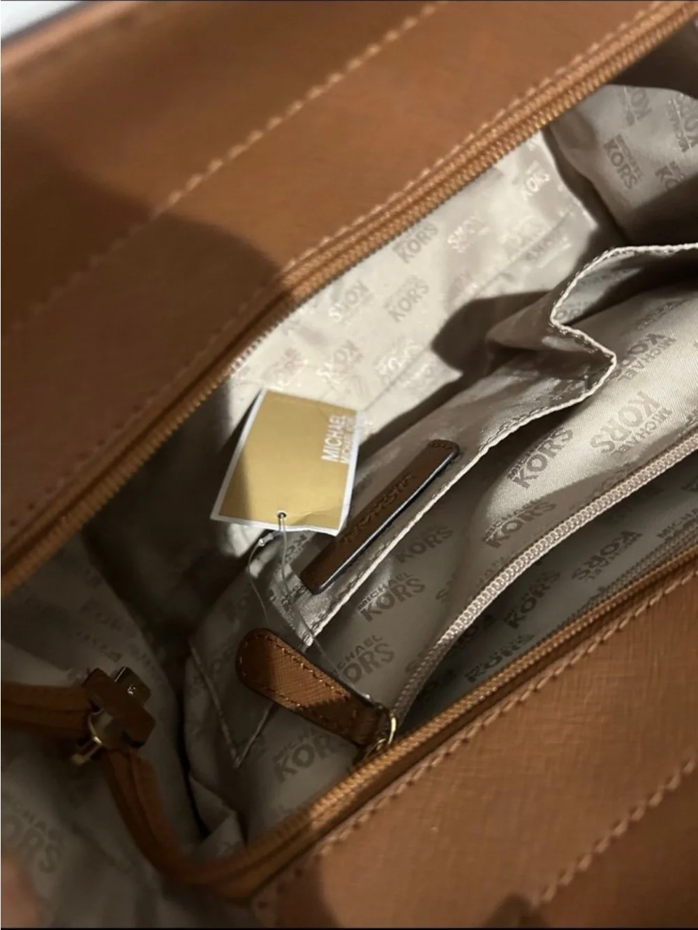 Michael Kors Cognac Saffiano Leather Shoulder Tote with Gold MK Emblem